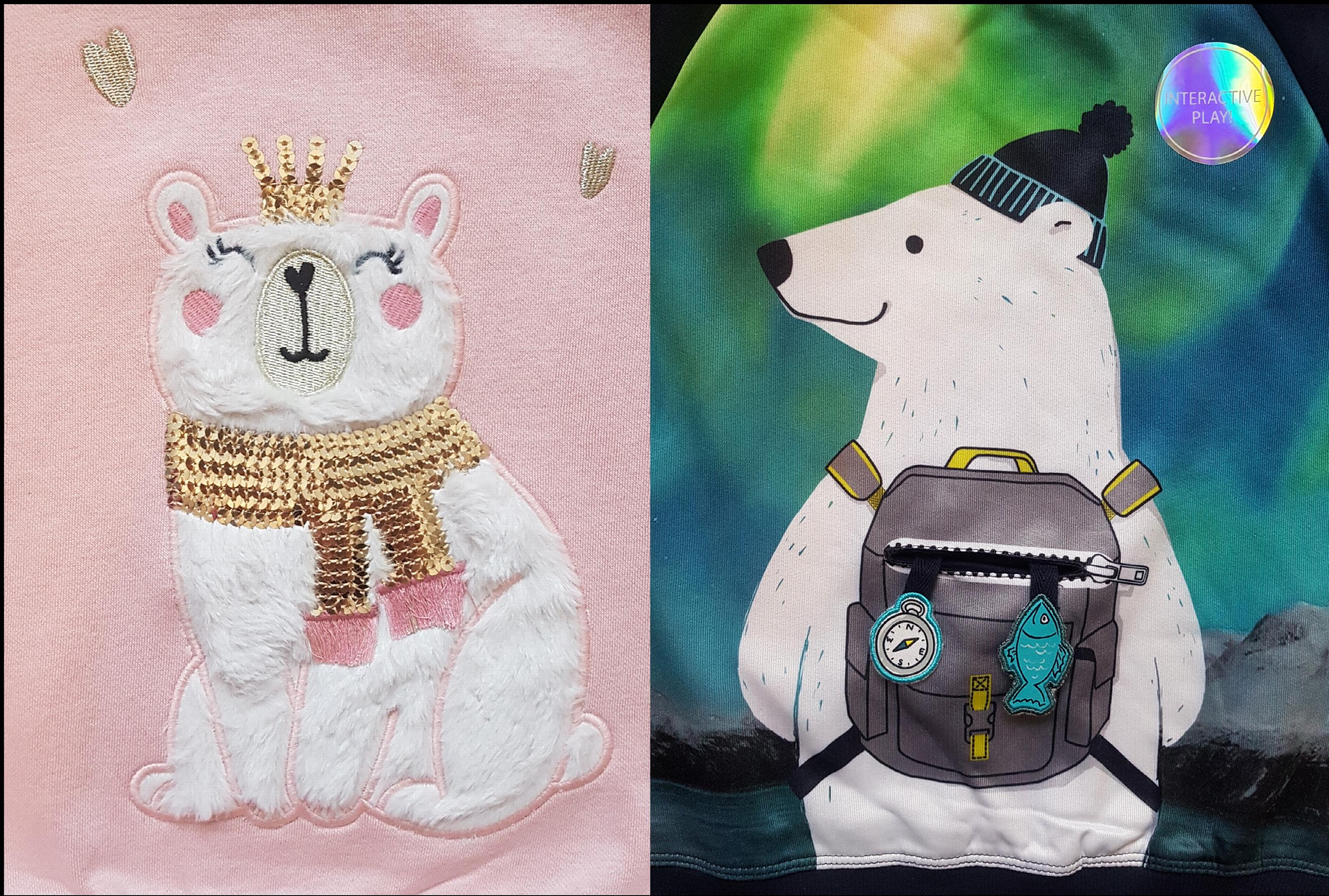 Roze trui met een blozende ijsbeer met een kroontje, groene trui met een ijsbeer met een rugzak