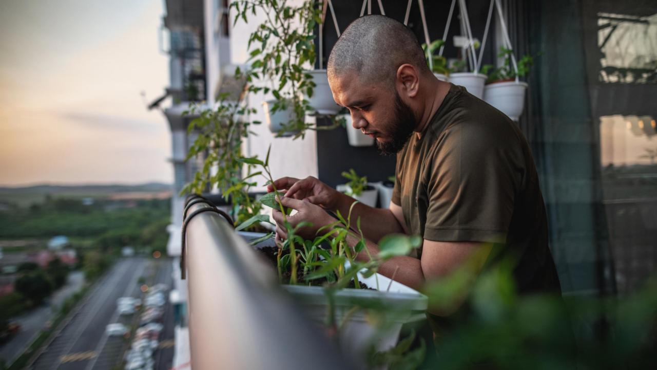 Persoon is aan het tuinieren op balkon 