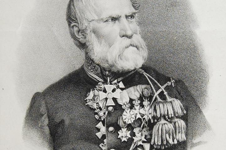 Zwart-witte tekening van een oudere Philipp Franz von Siebold